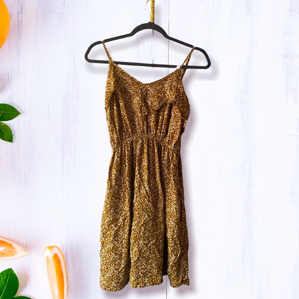 S/M knee length dress - brown with white flower prints